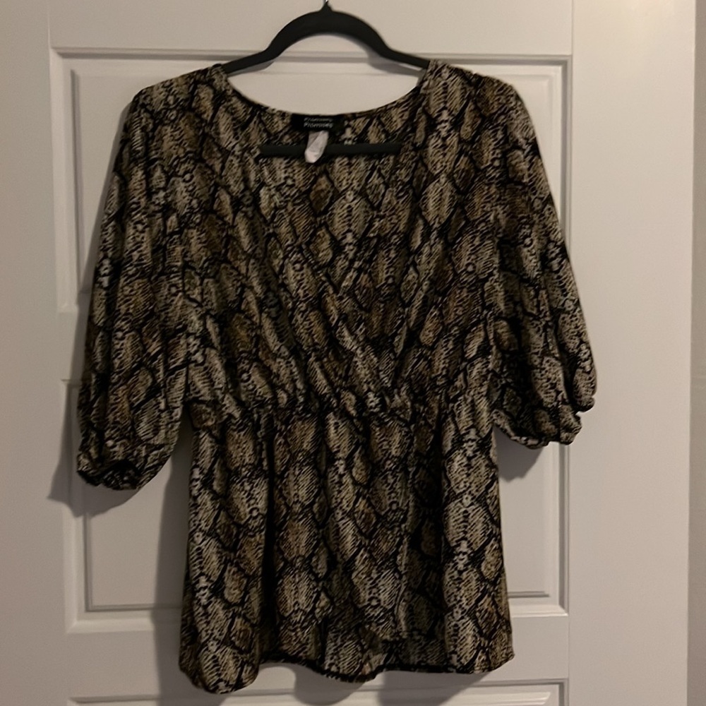 Promises Promises Snake Print Peplum Blouse Women’s Sz 1X Brown Black Top